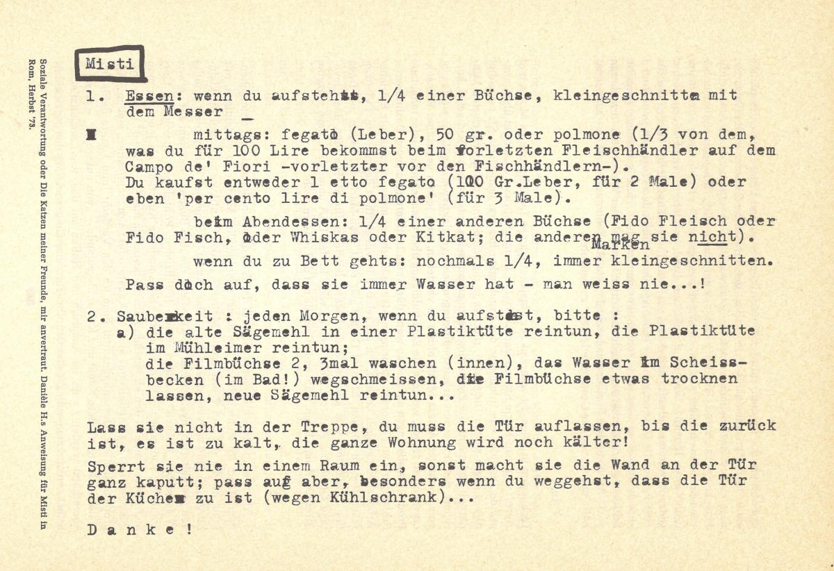 (5) “Social responsibility; or, my friends’ cats, entrusted to my care.” Danièle H.’s instructions for Misti in Rome, Fall 1973.